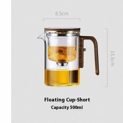 Glass teapot with magnetic tea leaf separator and wooden handle shown in new Chinese style.