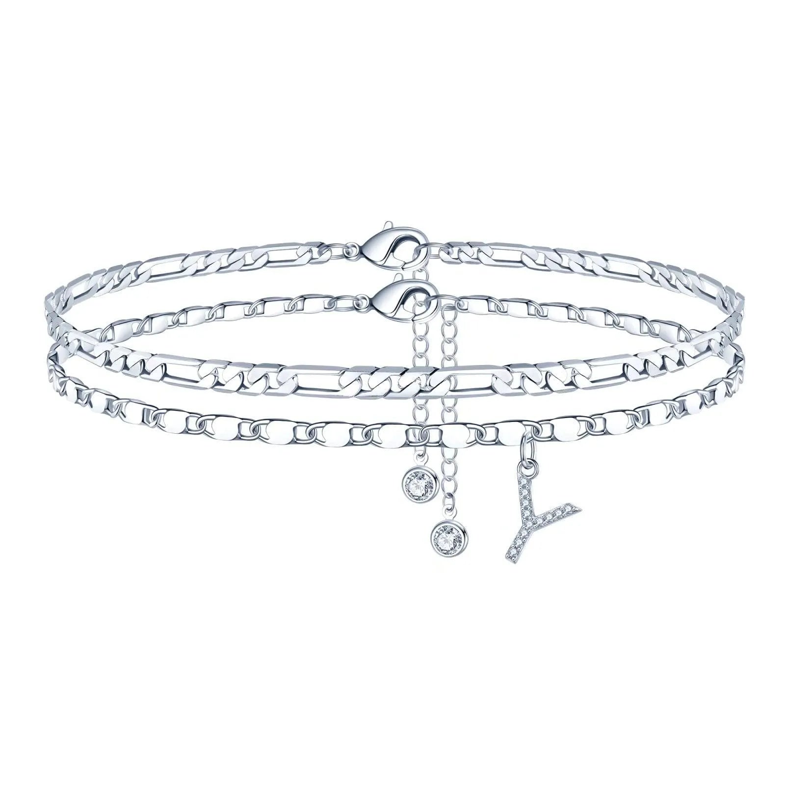 Silver-coloured copper anklet with a double-circle bead engraved with a letter.