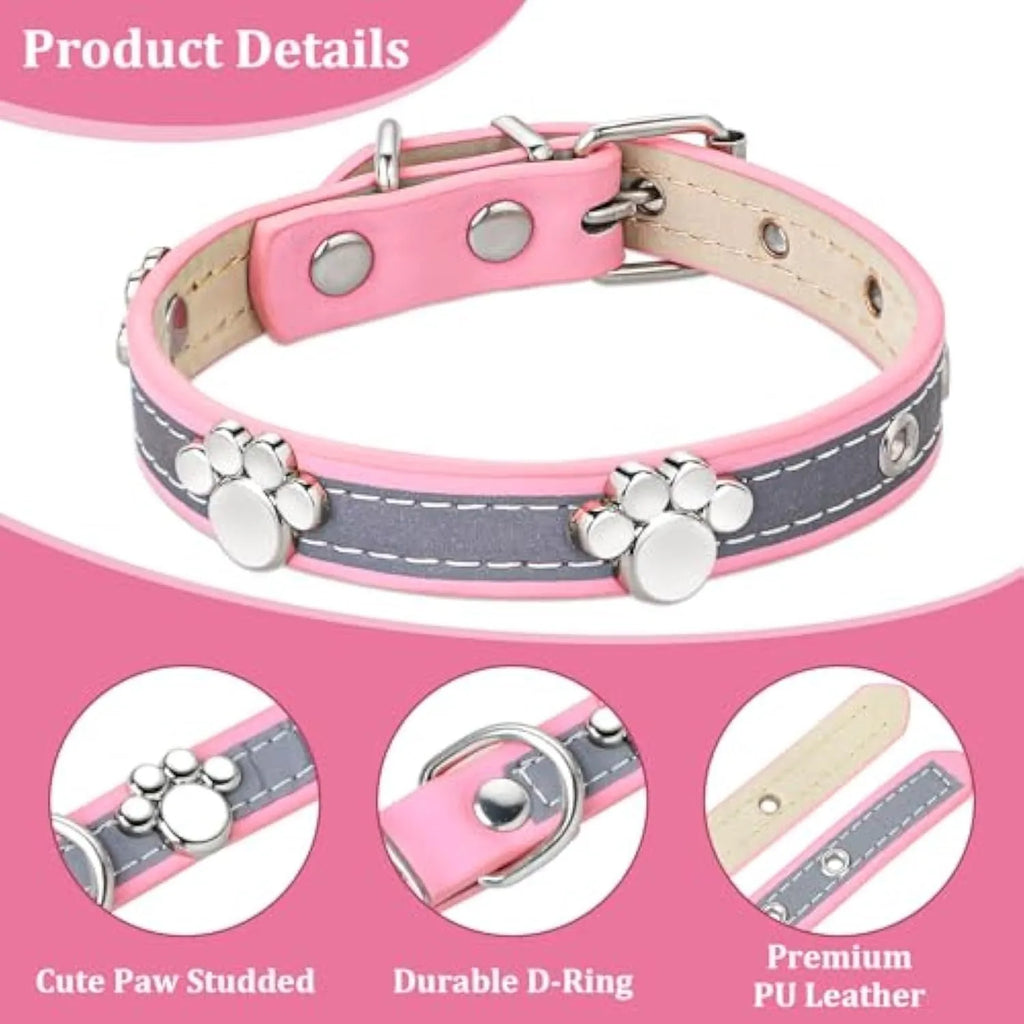 Reflective PU leather dog collar with paw rivet decoration and metal buckle