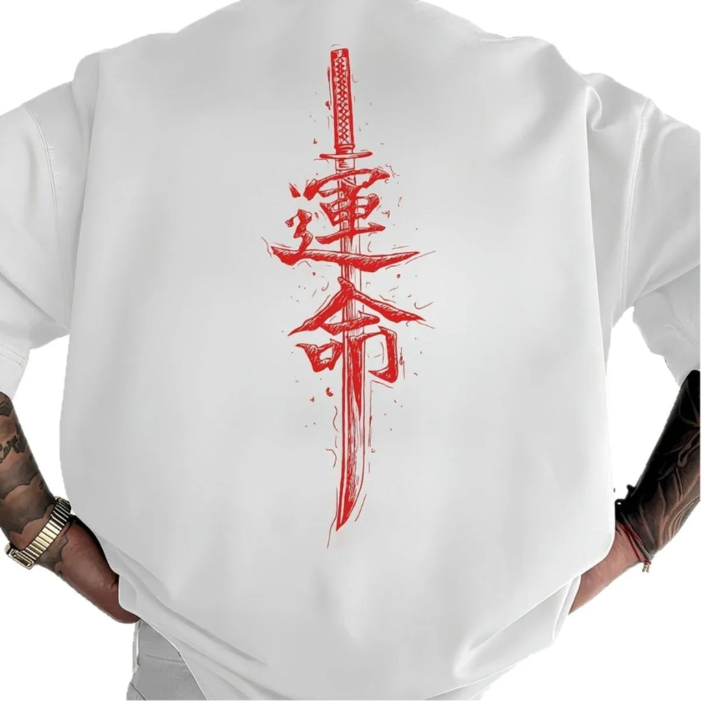 Men's loose fit combed cotton printed t-shirt in black with orange print, short sleeve pullover