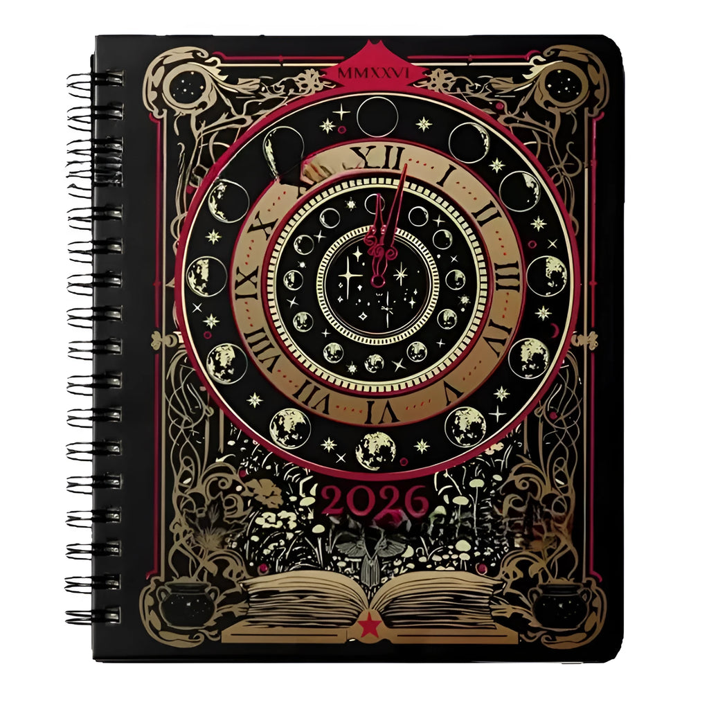 Wait For The Night 2026 weeks plan notepad with 100 pages, open to a weekly layout, next to a pen on a desk.