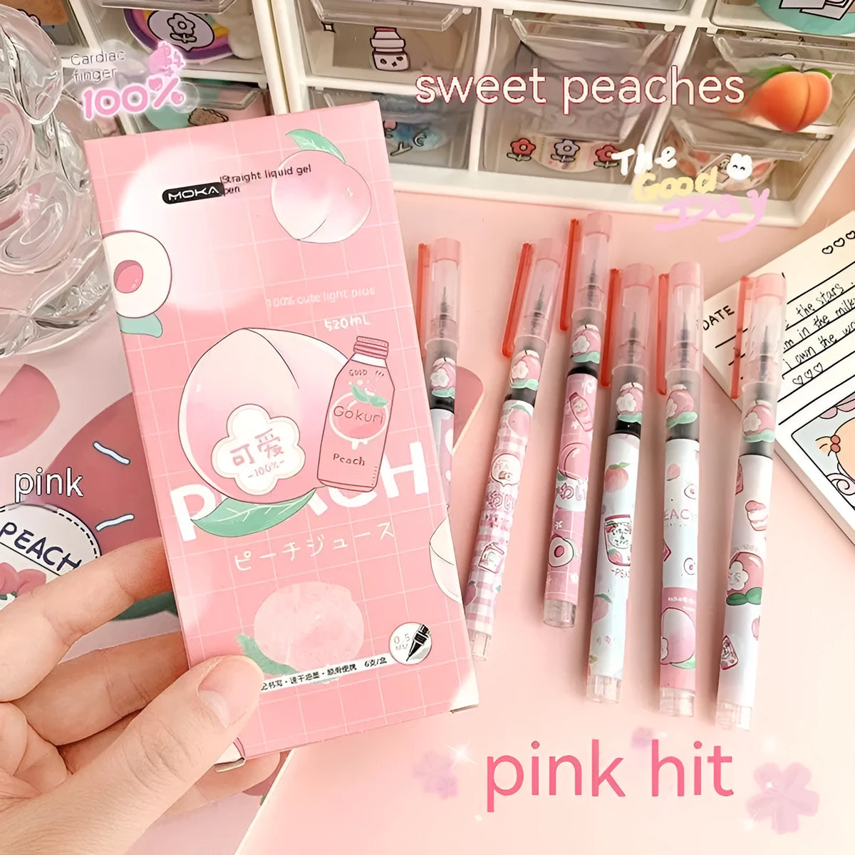 Box of six cute cartoon gel pens from Marvel series with plastic shells and assorted ink colours