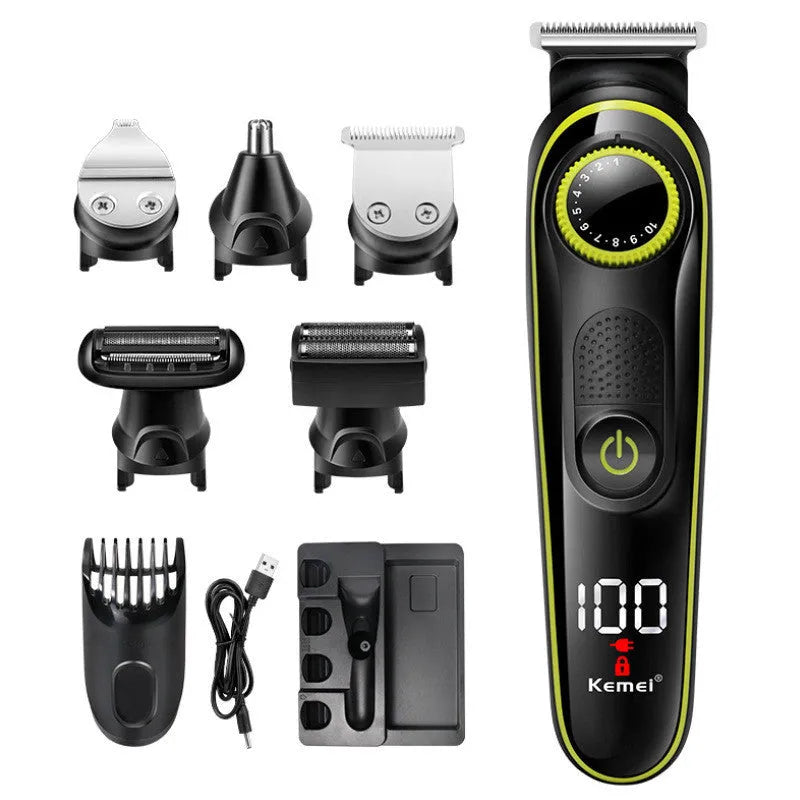 Black KM696 USB rechargeable electric hair clipper with stainless steel blades and cleaning brush