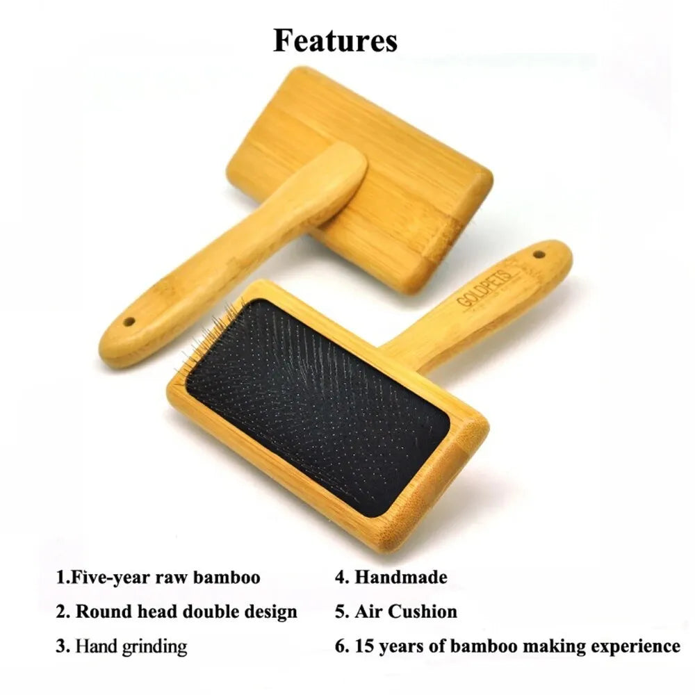 Bamboo slicker brush with stainless steel pins for grooming dogs and cats