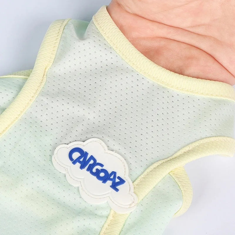 Grass green lightweight polyester vest for a cat on a summer day.