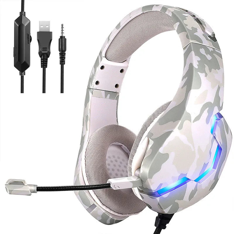 Wired gaming headset with cloth earmuffs and braided cable in camouflage blue design
