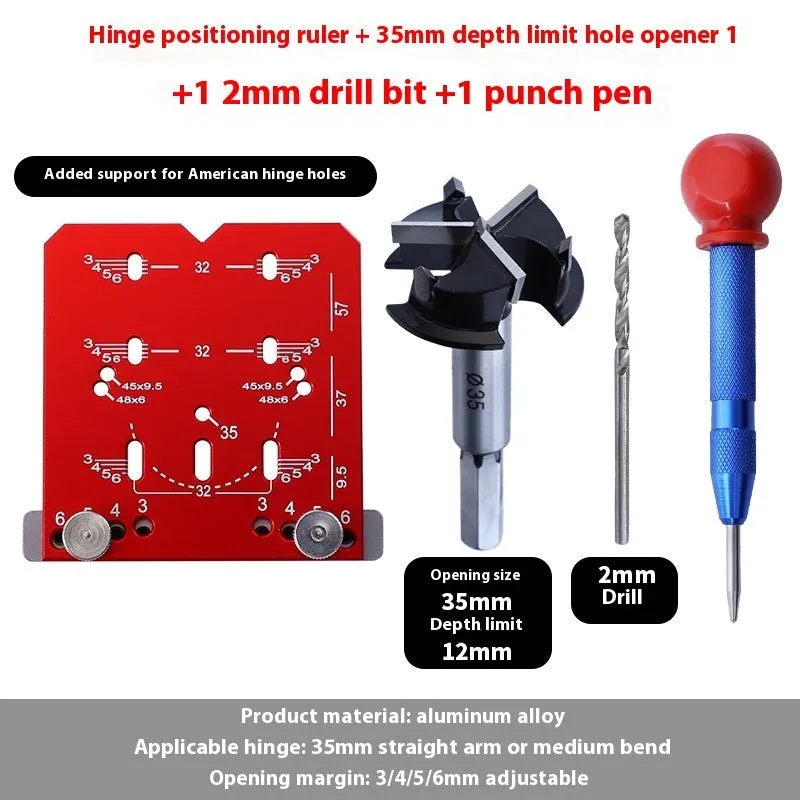 Red aluminium alloy hinge locator tool for 35mm cabinet hinges with adjustable margin settings