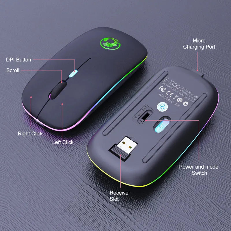 Black or white dual-mode wireless mouse with silent buttons and luminous charging indicator