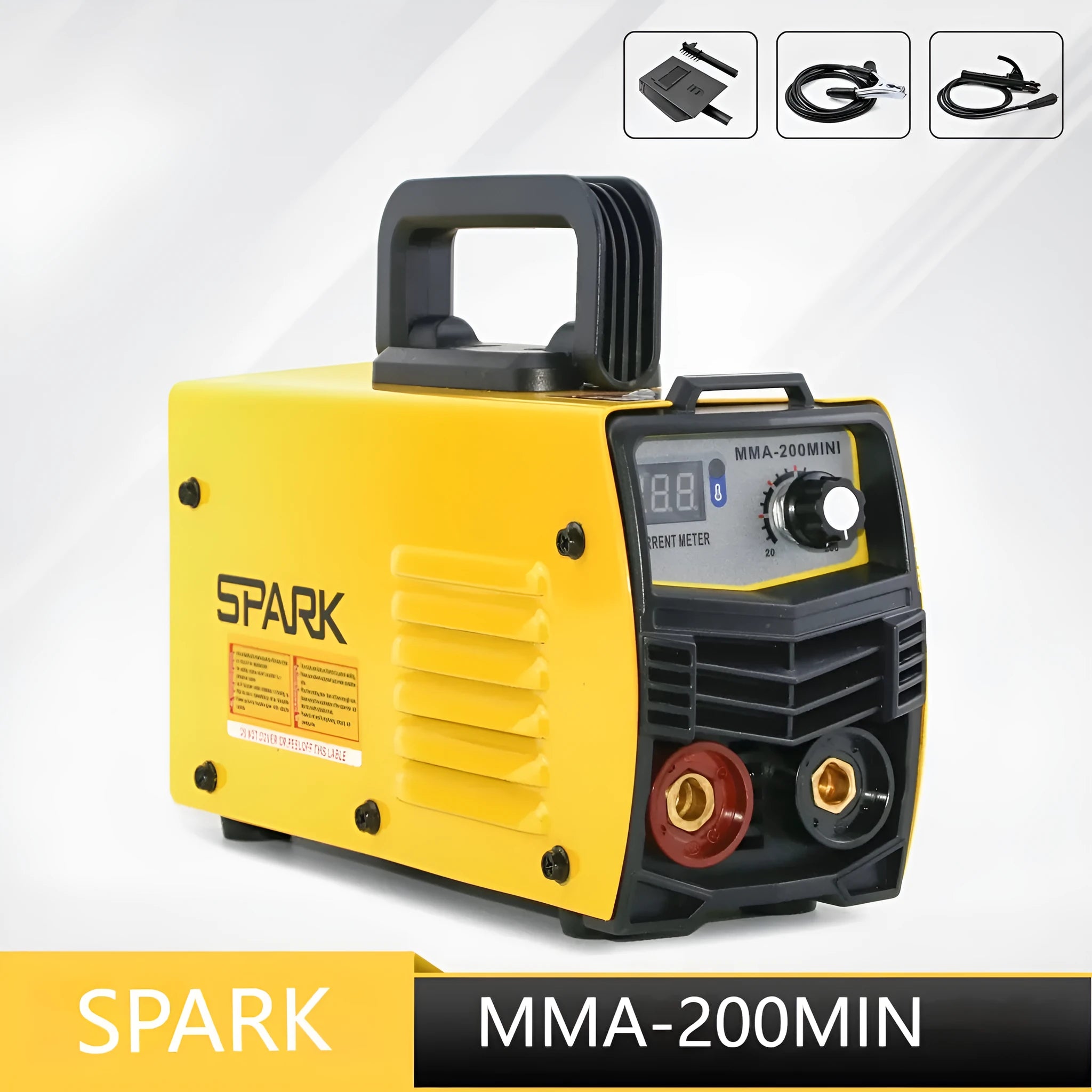 MMA-200MIN 220V DC inverter welding machine with face shield, tongs, clamp, and brush.