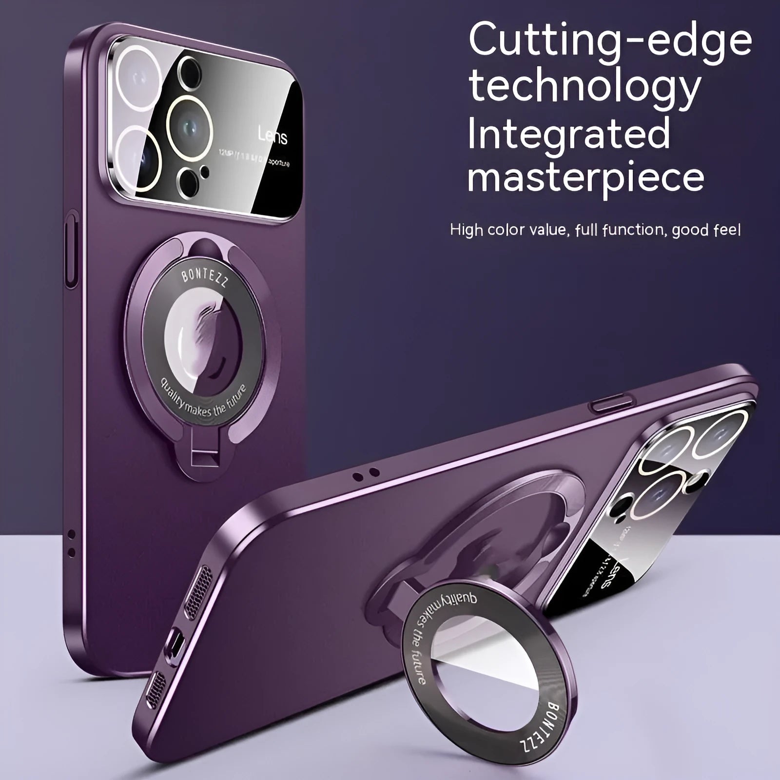 Dark purple iPhone magnetic phone case with invisible bracket and large window design on iPhone 14 Pro