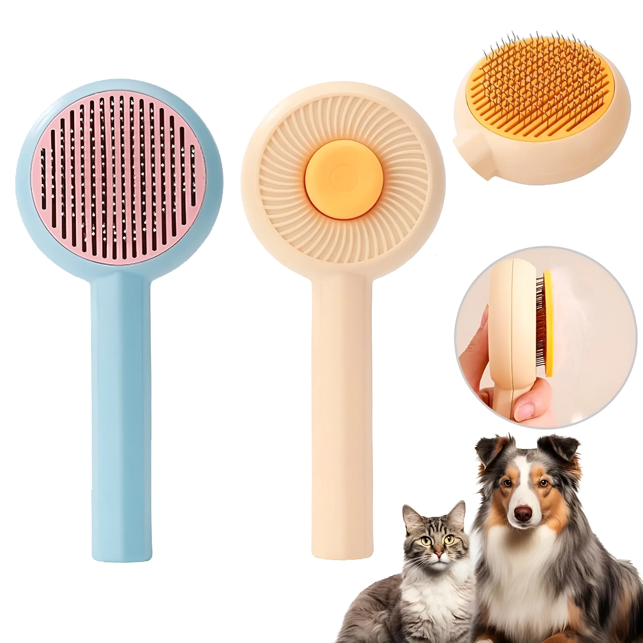 Blue pet grooming brush with angled metal needles and self-cleaning button