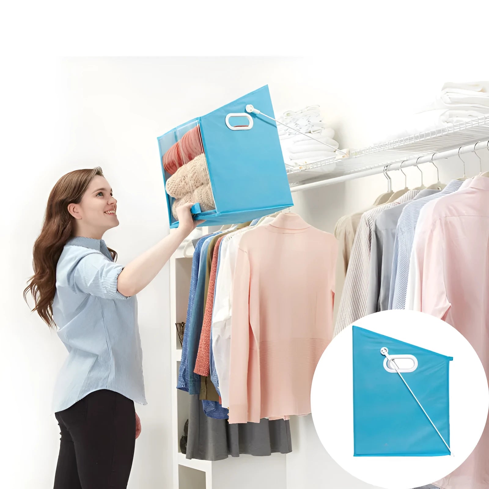 Blue folding storage basket with detachable liner on shelving, showing clear front panel and padded sides