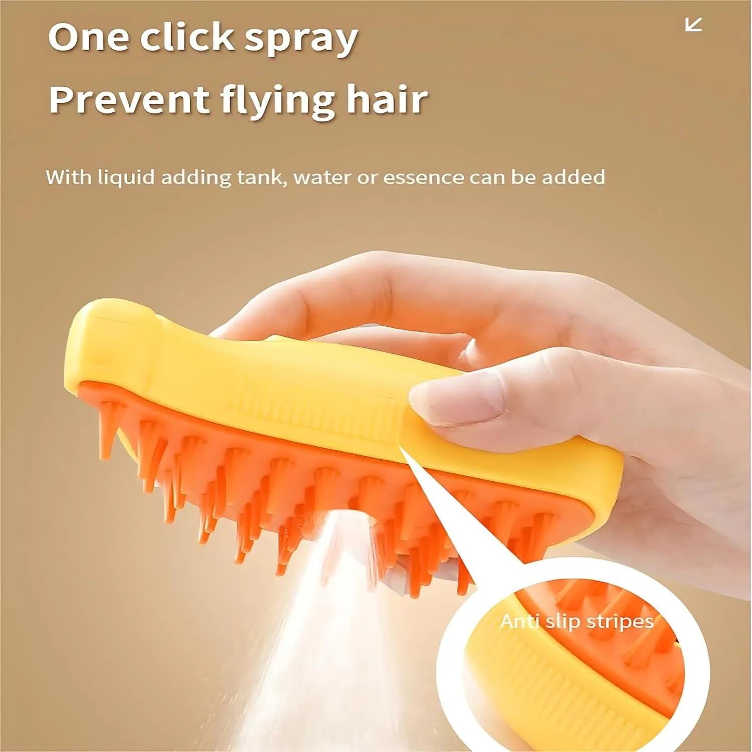 Rechargeable cat steam grooming brush in green or yellow with silicone teeth