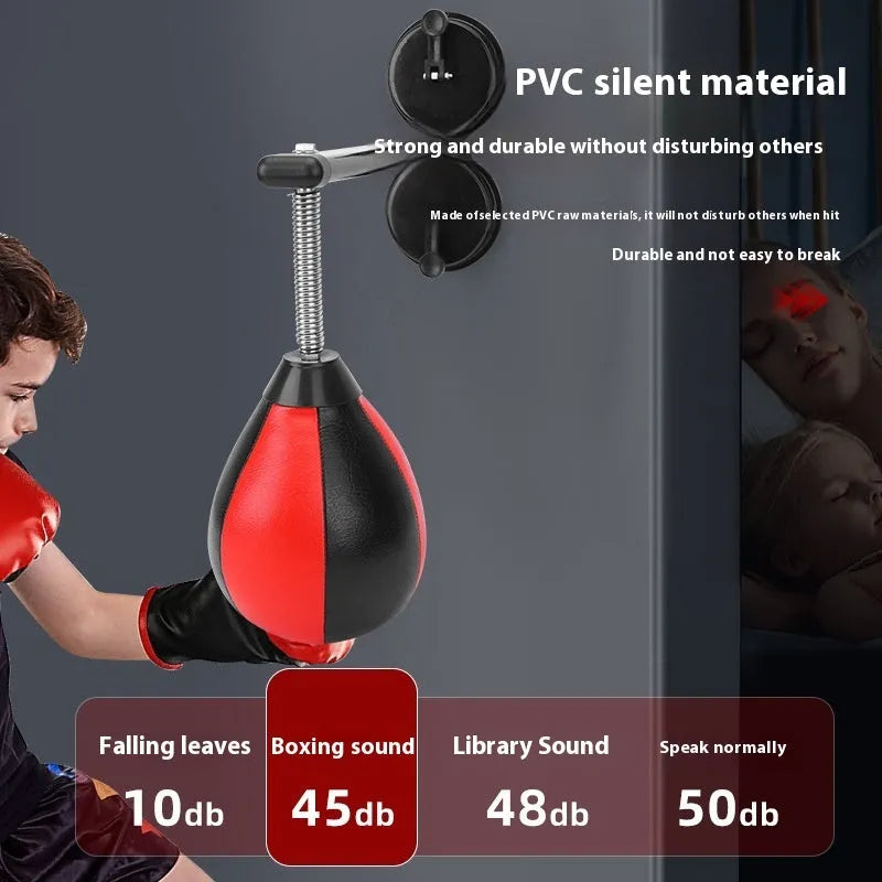 Inflatable pear-shaped red and black boxing punching ball on elastic rope with suction cup wall mount.