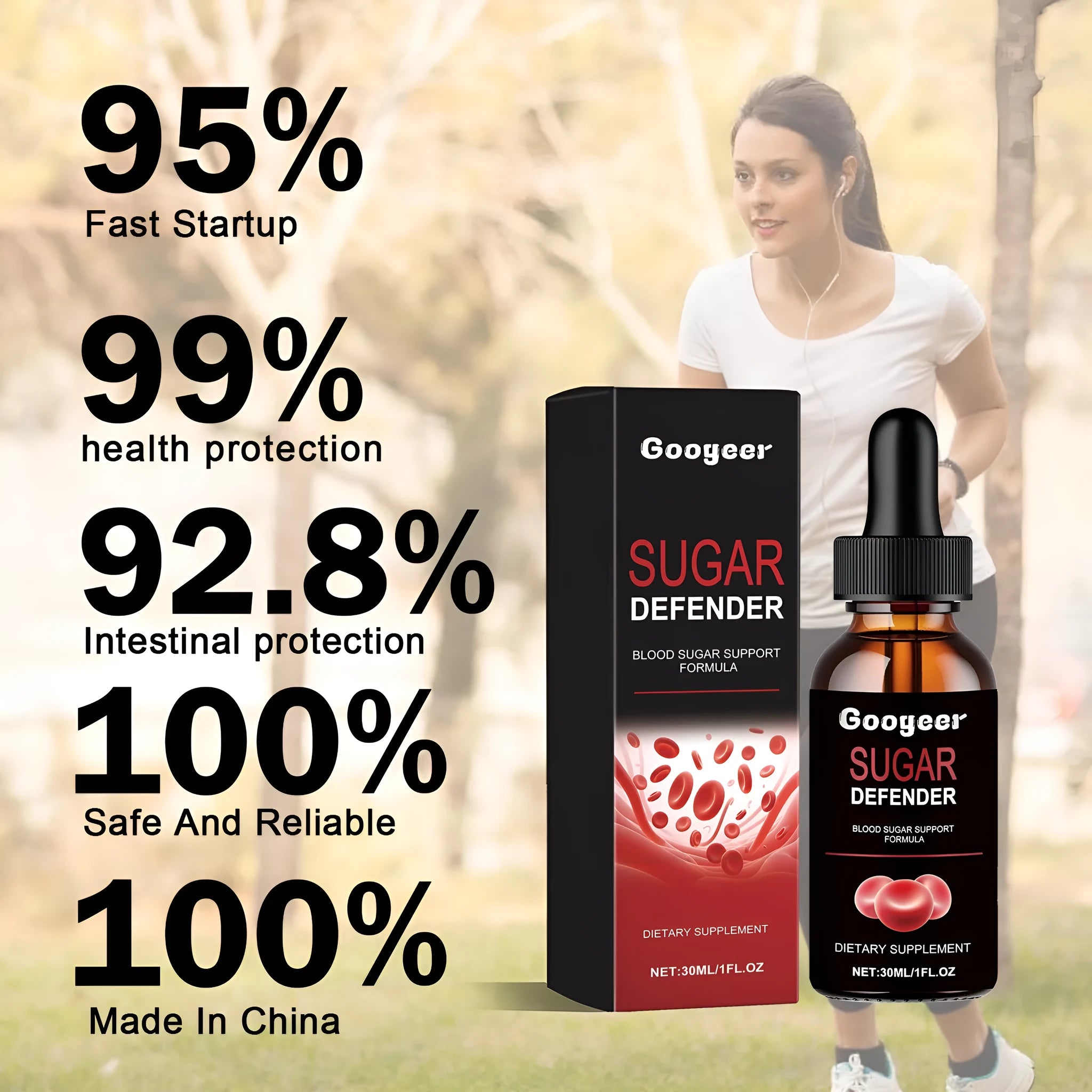 Googeer Body Care Drops supplement bottle, 30ml net content, liquid vitality formula.