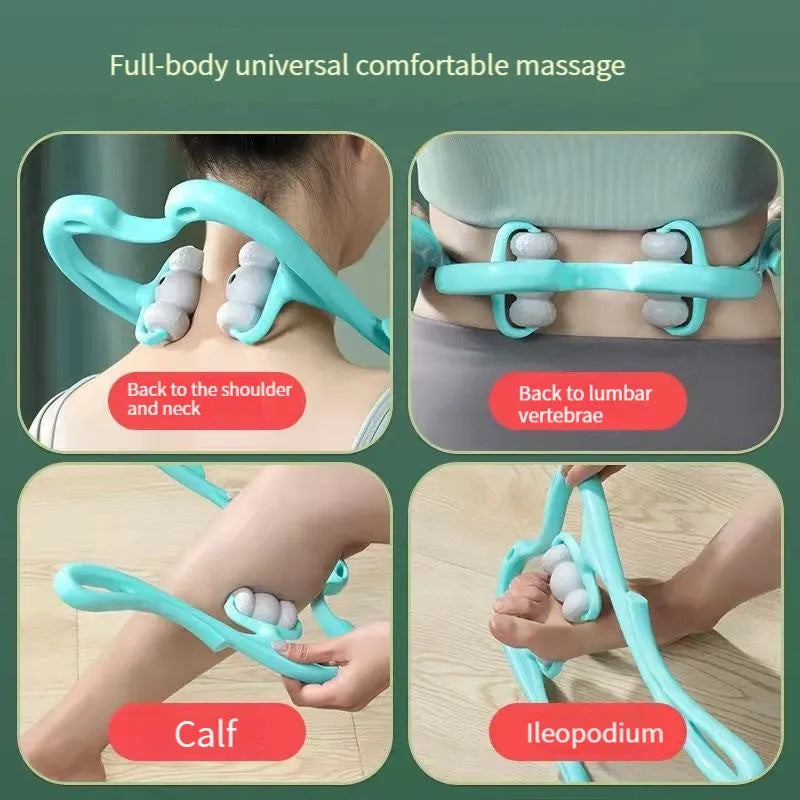 Blue handheld neck massager with 96 pressure point rollers showing 360-degree rotation mechanism