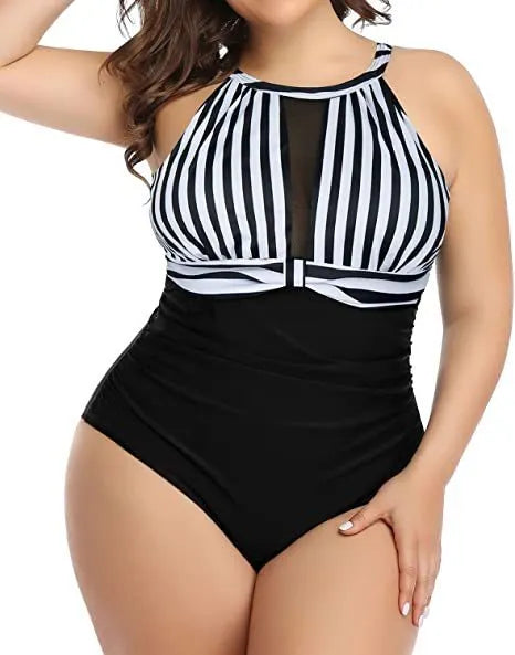 Women's black one-piece swimsuit with lace trim on mannequin, showing front and back.