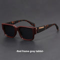Blue frame sunglasses with grey-blue lenses and thick square retro design