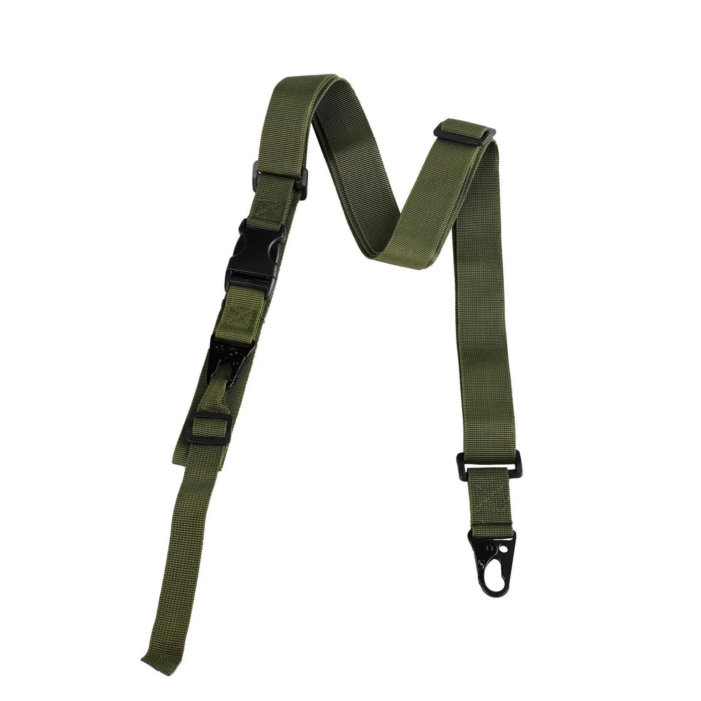 Military green nylon crossbody sling strap with alloy buckle showing adjustable length of 148cm