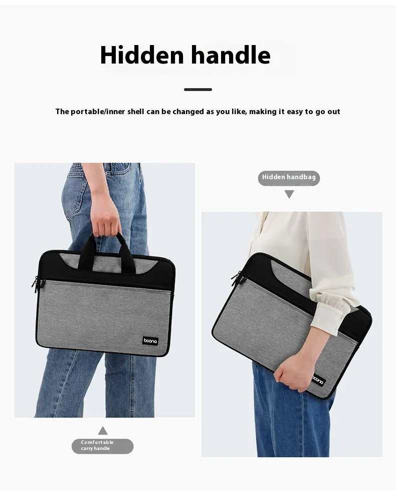 Black waterproof oxford cloth laptop bag for business travel with a soft carry handle, shown open.