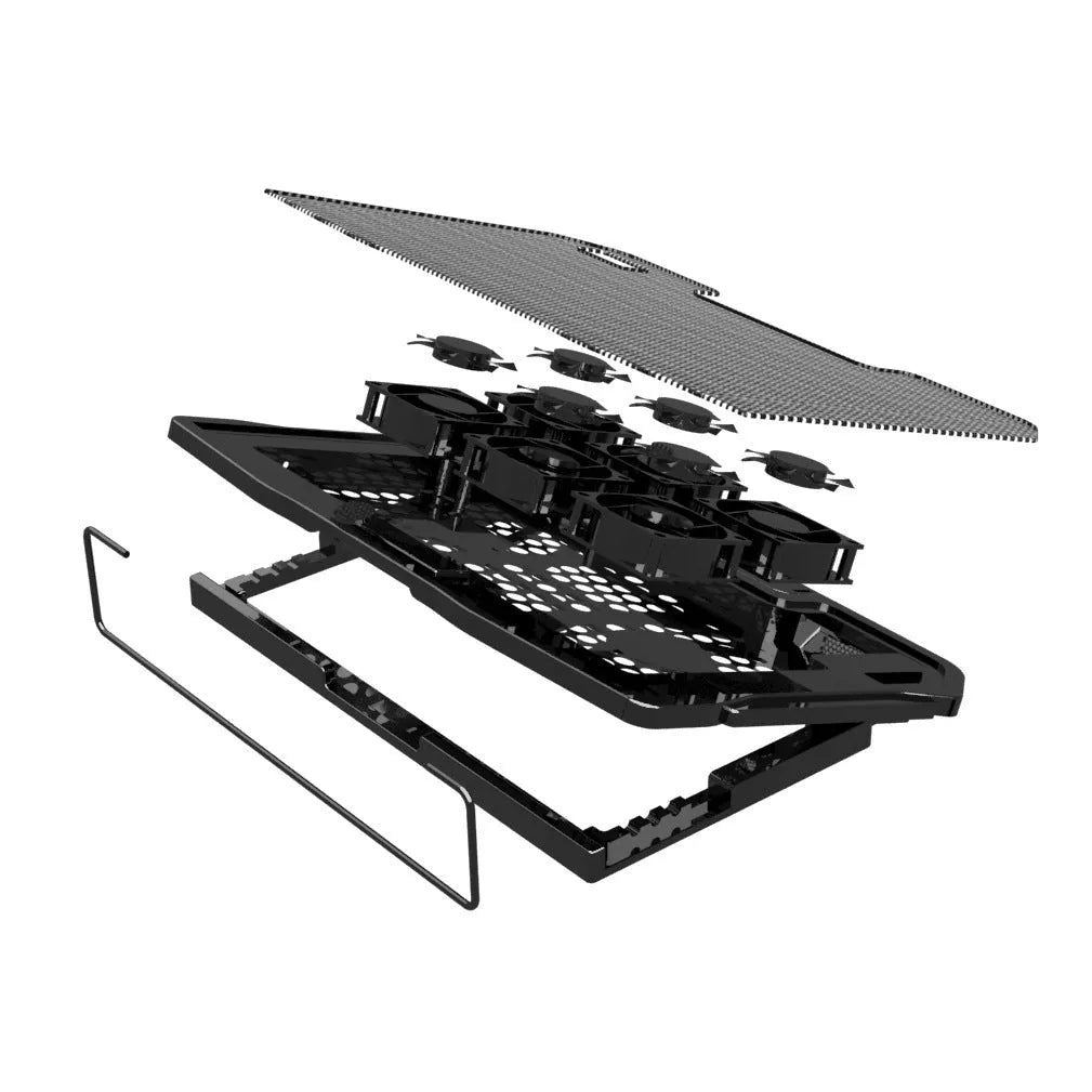 Black metal mesh notebook cooler with six ultra-quiet fans, adjustable height, and USB cable on a desk