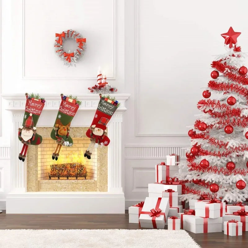 Three large Christmas stockings featuring Santa, Snowman and Reindeer designs with 3D applique decorations