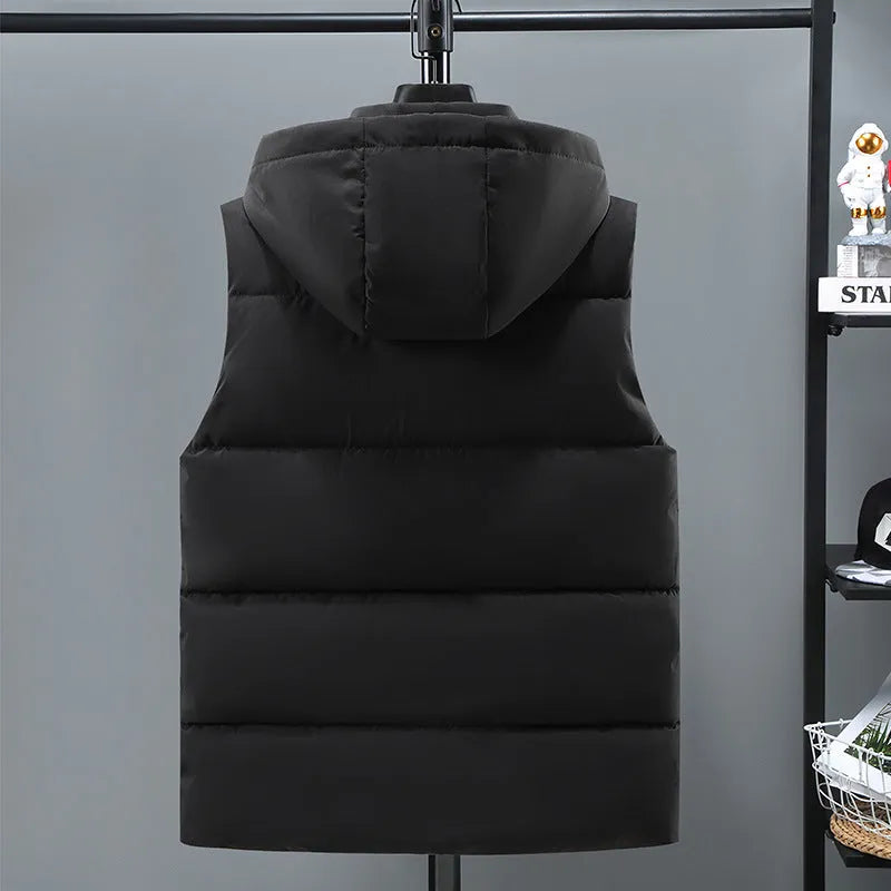Men's black thickened polyester vest with removable cap and slant pocket