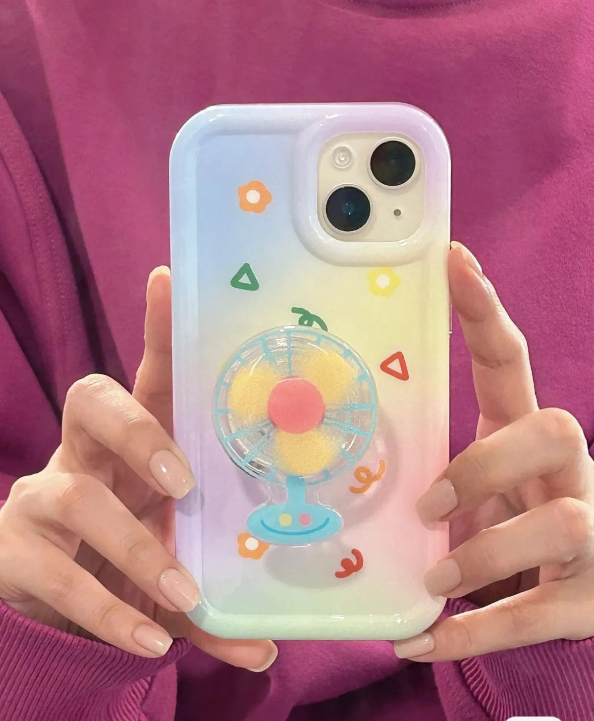 Creative fan holder phone case with silicone anti-drop protection for iPhone 11 12 13 14 Pro Max, showing integrated bracket