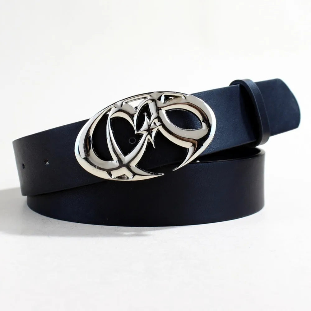 Casual PU leather belt with silver alloy buckle and snap button closure in 105cm length