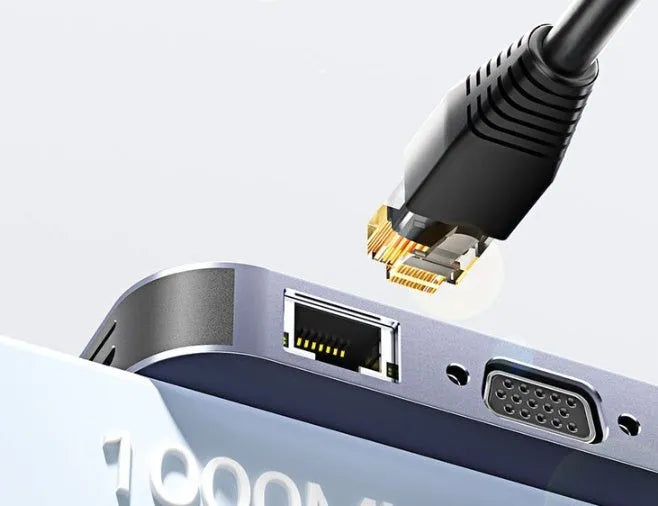 Silver 11-in-1 USB-C expansion hub with Gigabit Ethernet, HDMI, USB ports, and a 20cm attached cable.