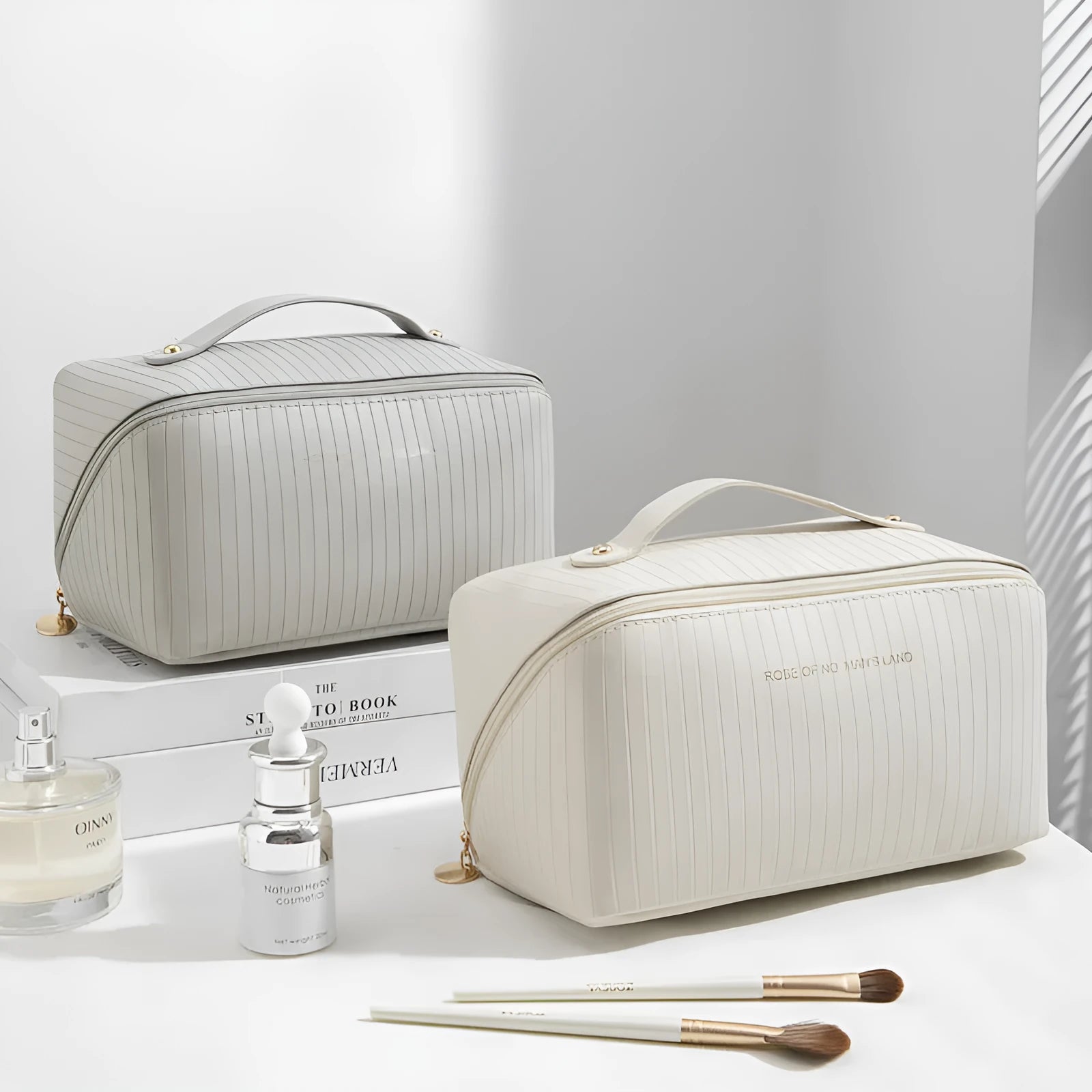 Vertical pattern pillow makeup bag in cubic 22.5cm design with PU material construction