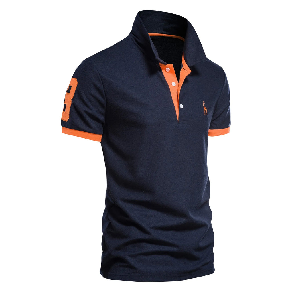 Men's slim fit deer embroidered short sleeve T-shirt on a hanger, shown in a grey colour.