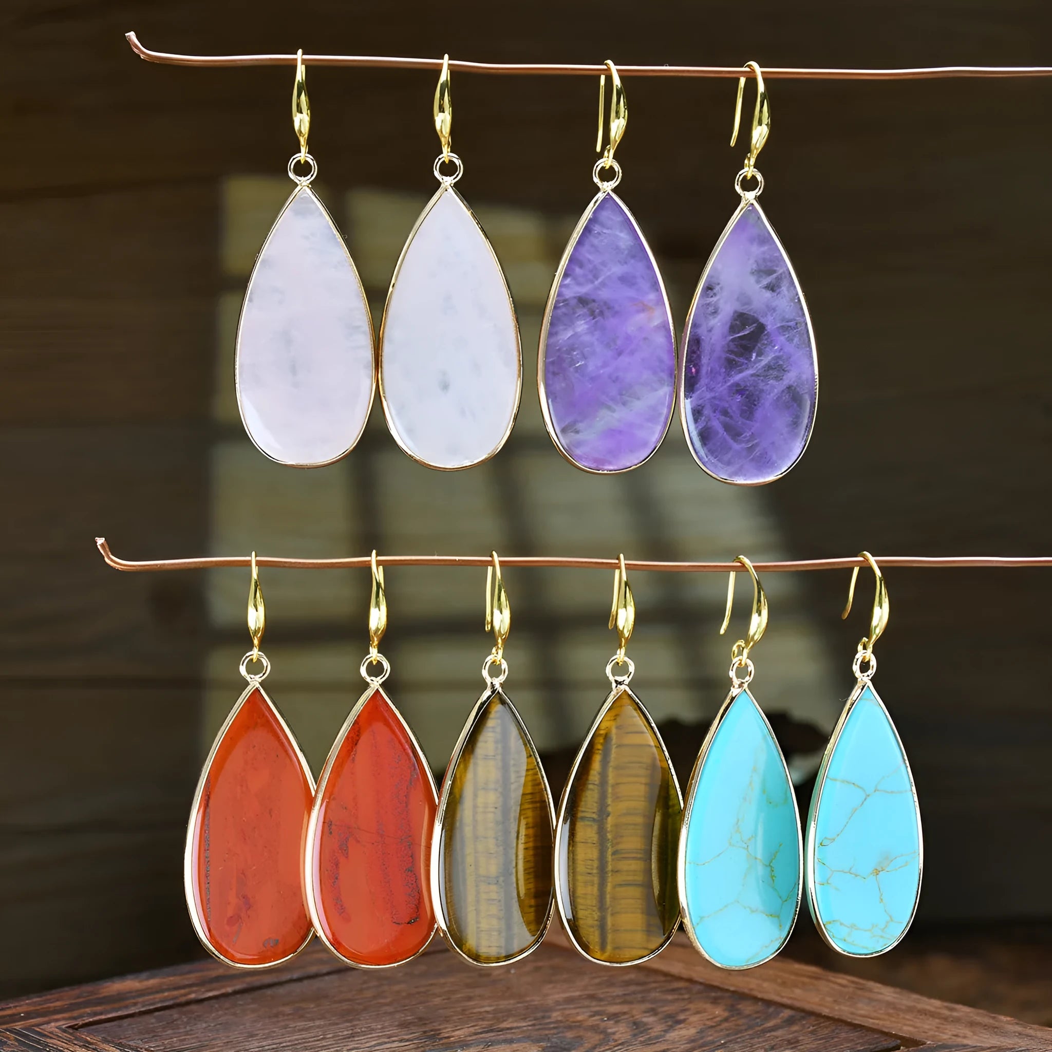 Vintage long water drop earrings with handmade stone construction in tigereye colour