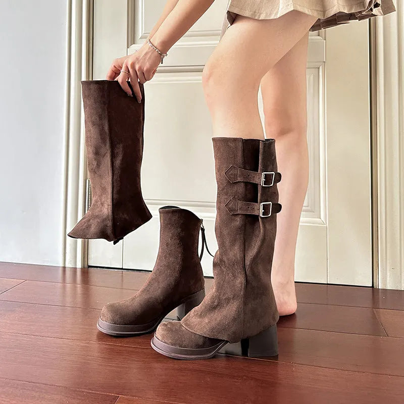 Women's removable pile chunky heel platform high leg boots in apricot suede with back zipper and round toe