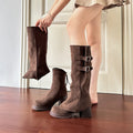 Women's removable pile chunky heel platform high leg boots in apricot suede with back zipper and round toe