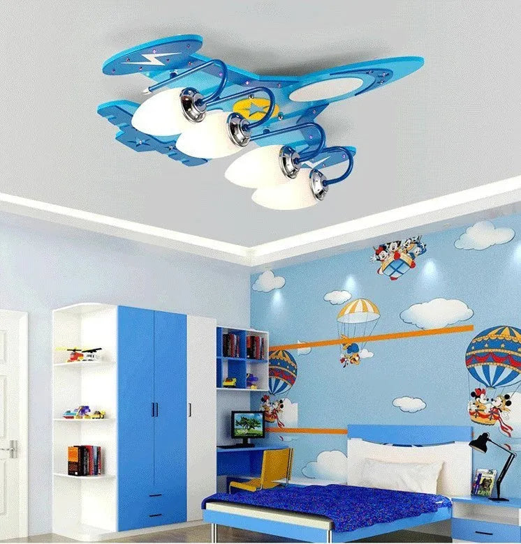 Wooden airplane-shaped children's ceiling light with rectangular glass shade and remote control