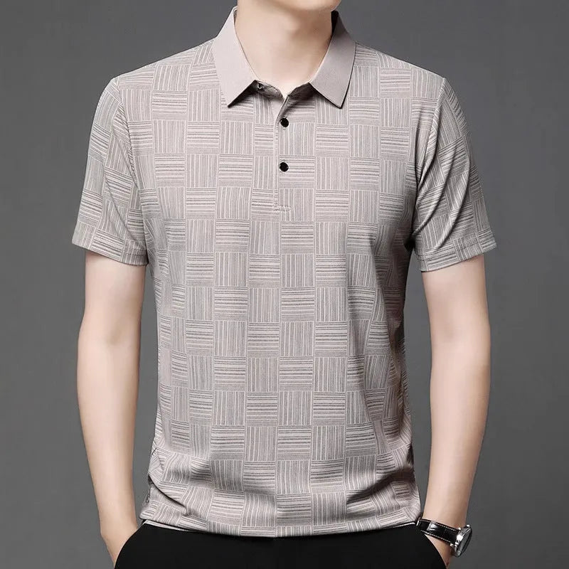Men's slim fit lapel t-shirt on a hanger, showing the collar detail and available colour options.