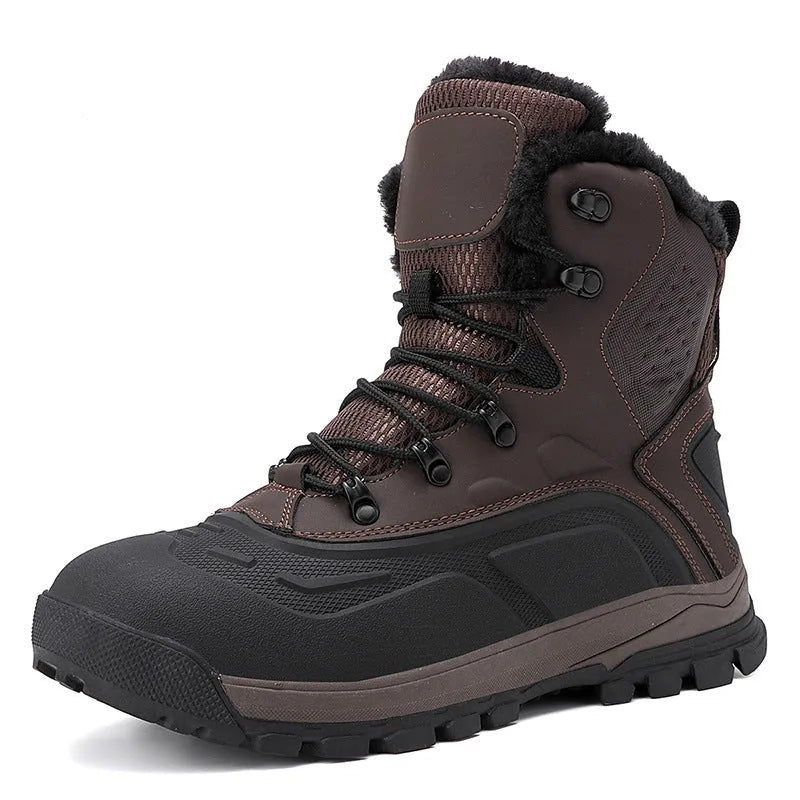 Men's black high-top winter boots with fleece lining and lace-up front on a ribbed TPR sole.