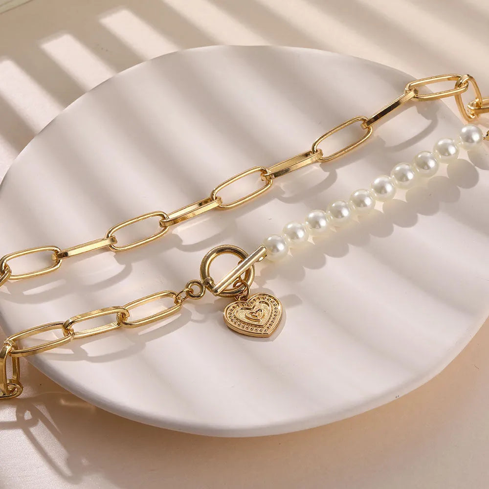 Love alloy clavicle chain for women handmade imitation pearl heart shape pendant with tassel on adjustable chain