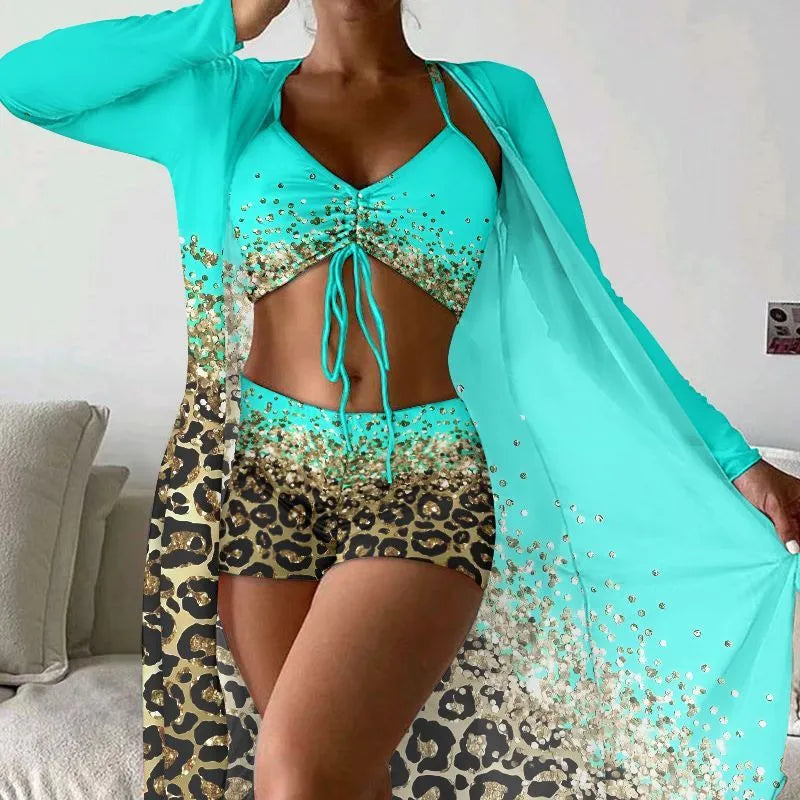 Women's lake blue polyester swimsuit set with high-waisted briefs, sleeveless top, and matching coat.