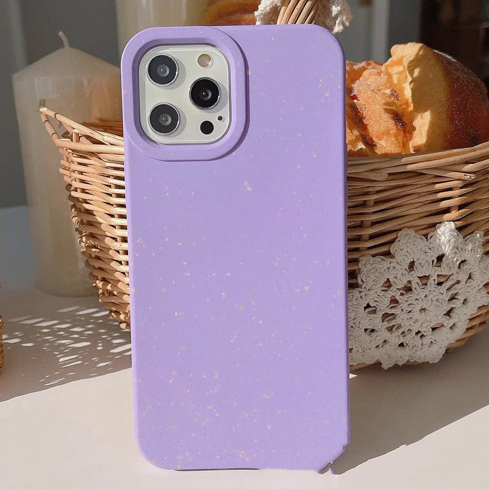Wheat straw fibre degradable rear cover case for Apple iPhone on a table.