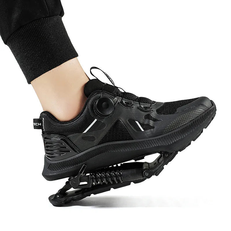 Black Tech running shoes with mesh upper, buckle fastening, and rubber sole on a white background.