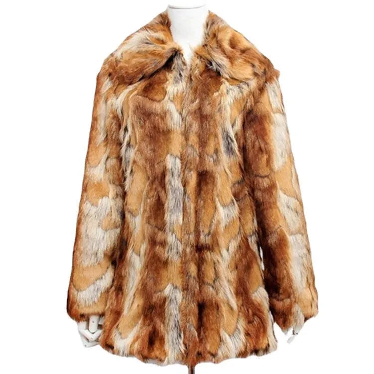 Women's slim leather-style jacket in black and orange tiger pattern faux fur with long sleeves.