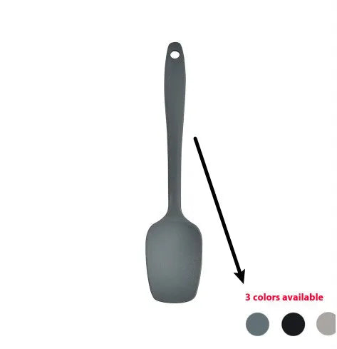 12-piece silicone kitchen utensil set in rotating storage bucket, showing spatula, ladle, and other tools.