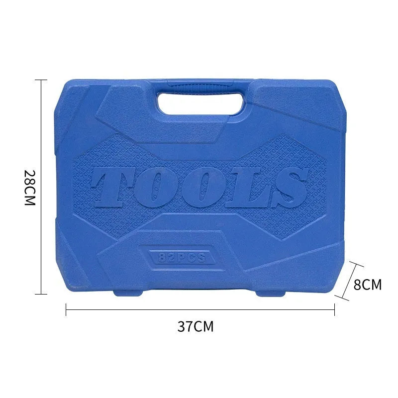 82-piece auto repair tool set in galvanized blue case with carbon steel ratchet wrenches