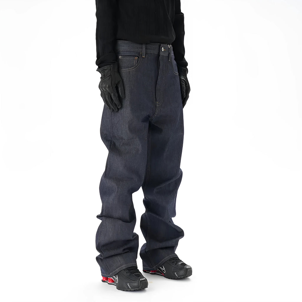 Men's dark blue loose straight leg jeans with original cattle wash on denim fabric