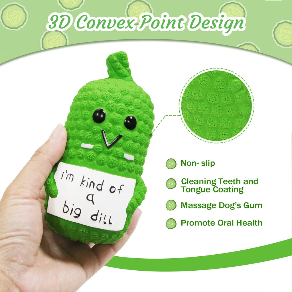 Green pickle-shaped squeaky dog chew toy with textured nubs on a white background.