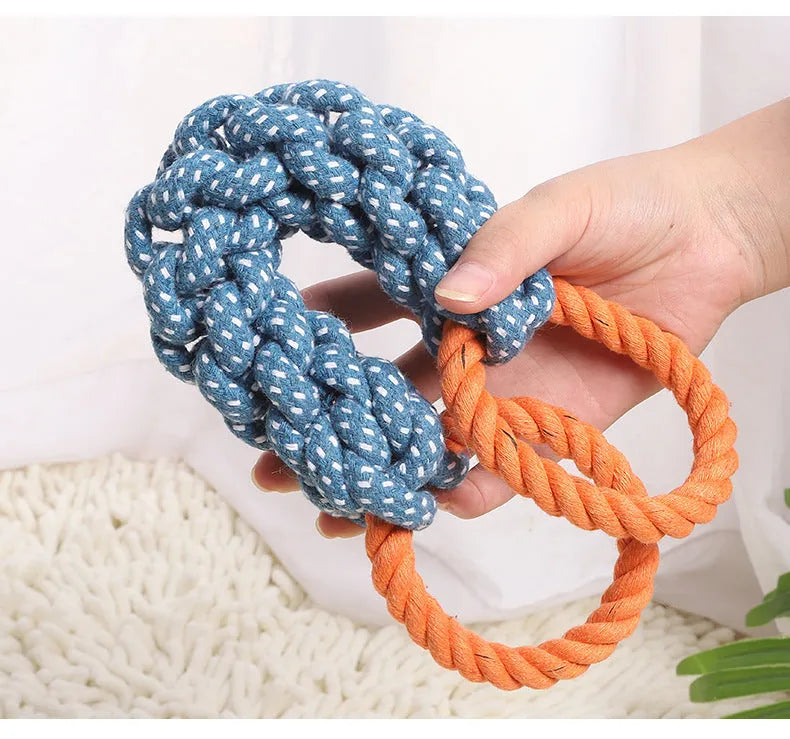 Blue double-ring cotton knot dog chew toy measuring 37cm with braided rope construction