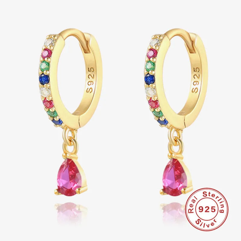 Sterling silver water drop eardrop earring with a coloured stone in a gold or silver plated setting.