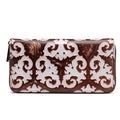 Brushed genuine leather women's retro wallet in brown white with embossed floral pattern and horizontal square shape.